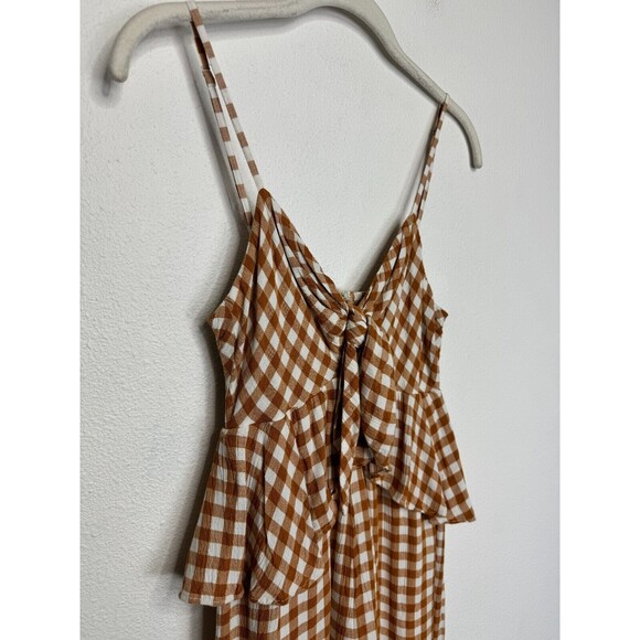 SAYLOR XS Laken Gingham Jumpsuit In Apricot Peplum Top V-Neck Ruffle Knot Front - Picture 5 of 16